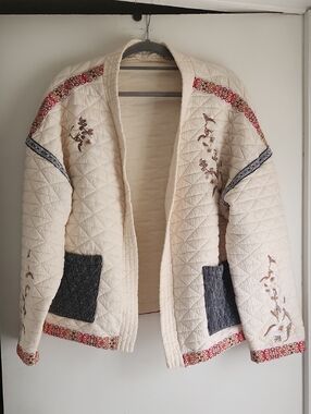 POL Cream Quilted Embroidered Open-Front Sweater Jacket with Red Trim